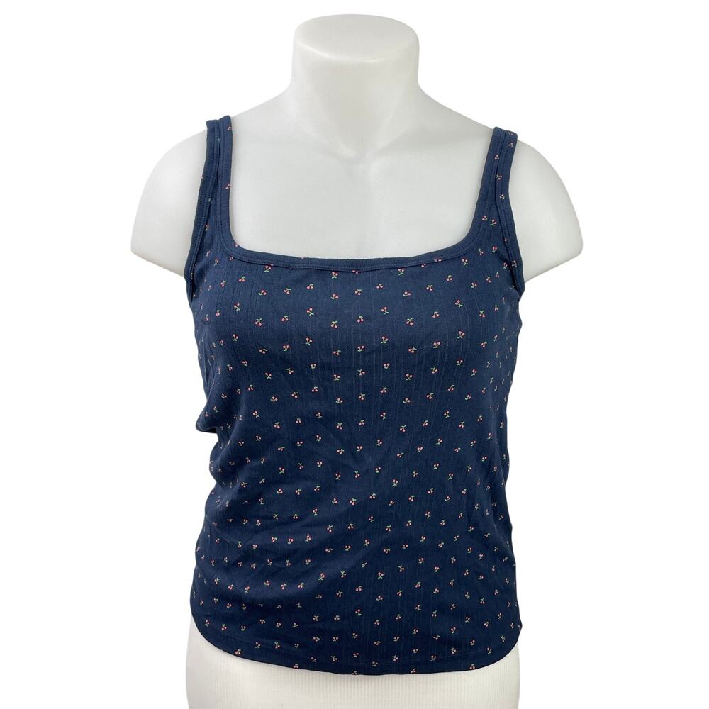 Uniqlo Women's Navy Blue Sleeveless Floral Square Neck Pointelle Tank Top Sz XL